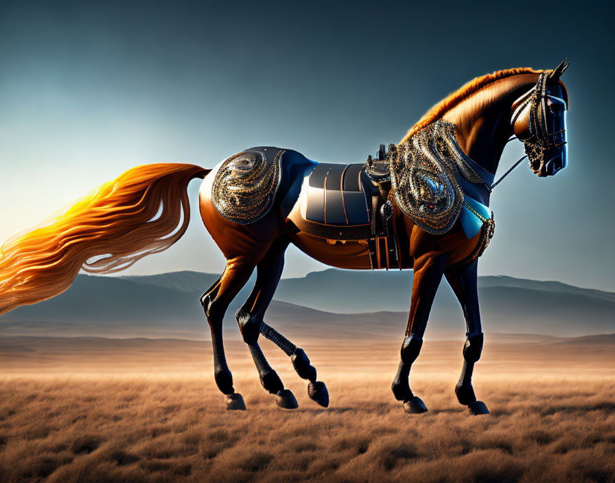 Majestic horse with ornate tack and fiery mane in golden field