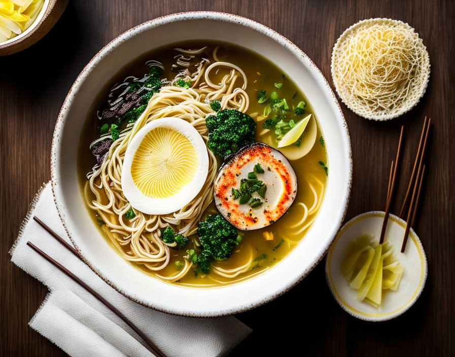 Asian noodle soup with vegetables, boiled egg, mushrooms, chili, chopsticks, and side dishes