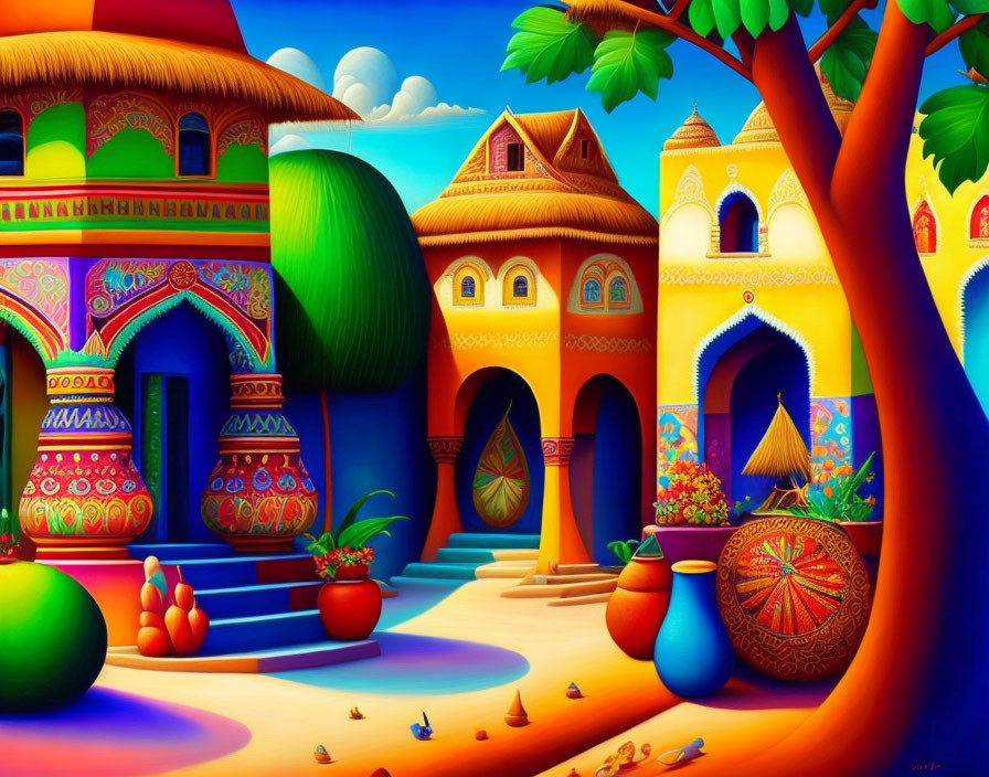 Colorful painting of whimsical village with patterned buildings and lush greenery