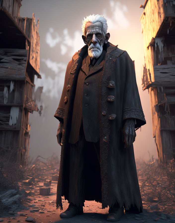 Elderly man with white hair and beard in tattered brown coat in bleak urban setting