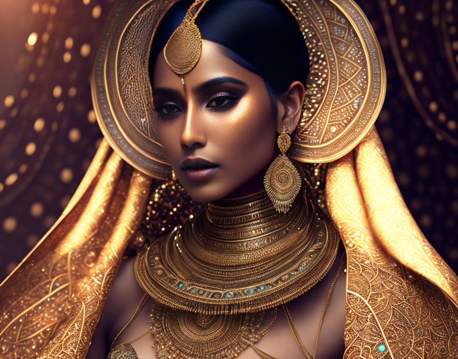 Luxurious golden jewelry on woman against shimmering gold backdrop