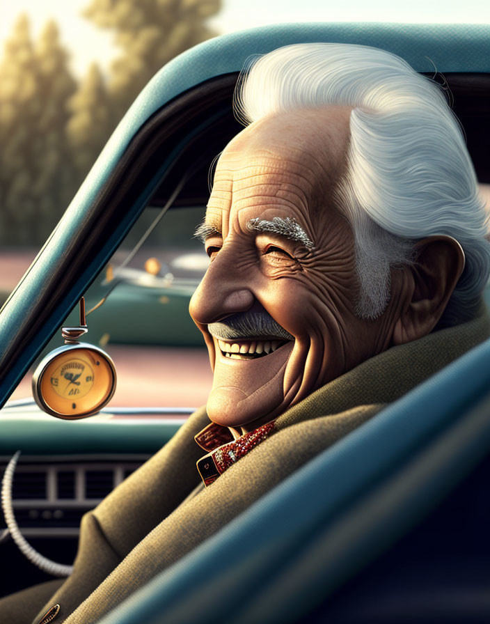 Elderly man in coat and tie sitting in vintage car with hanging clock