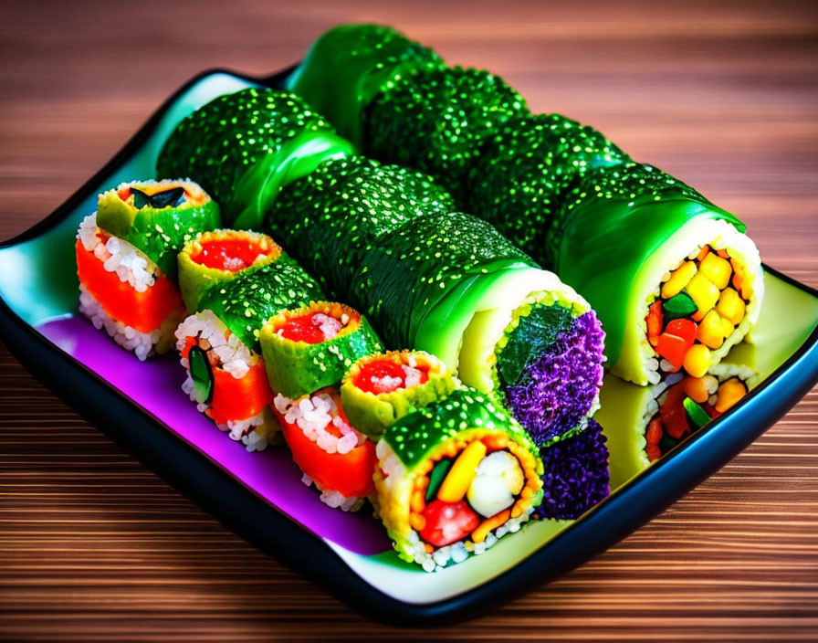 Colorful Sushi Rolls on Black Plate with Avocado Wrap on Wooden Background