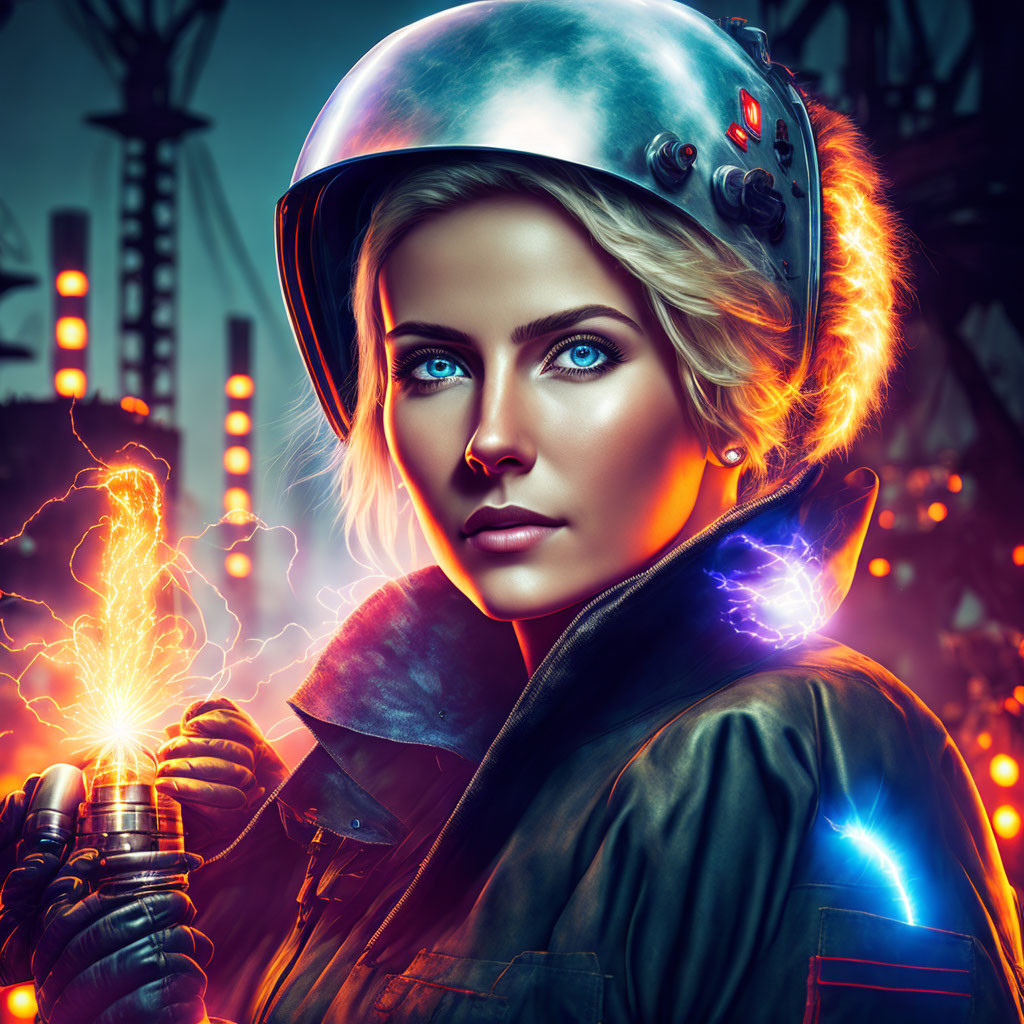 Futuristic woman with blue eyes holding electrifying energy in industrial setting