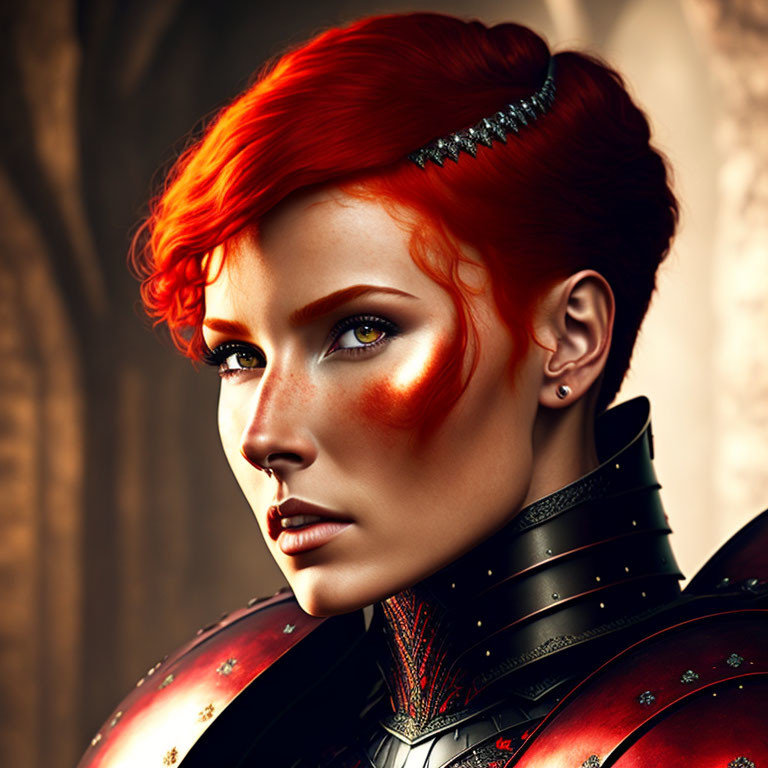 Vibrant portrait of a woman in red armor with intense eyes