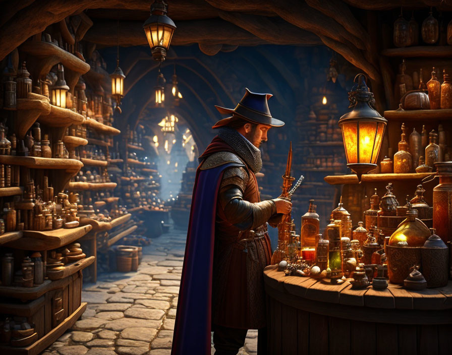 Man in cape and hat exploring medieval apothecary with bottles and potions