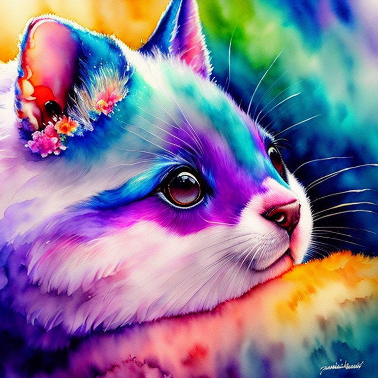 Colorful digital artwork of a cat with blue, purple, and pink hues and floral detail