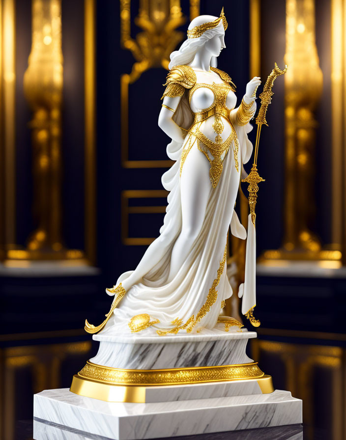 Classical female statue in white and gold robes with staff on luxurious dark background