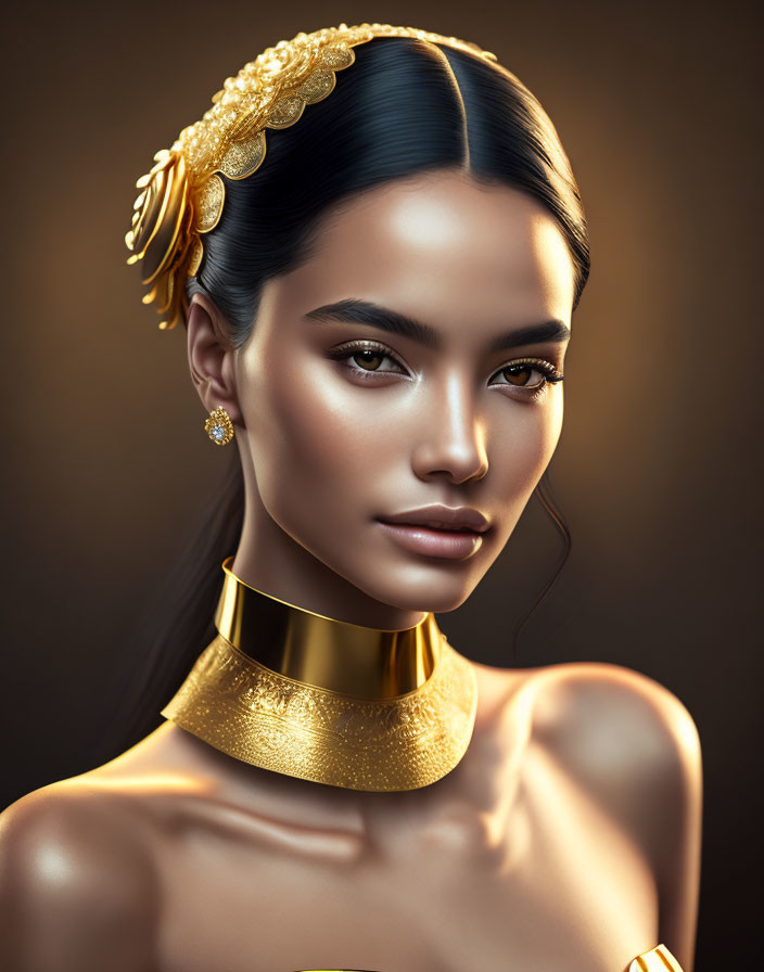 Digital portrait: Woman with sleek hair, golden hair accessory, striking makeup, and gold choker necklace