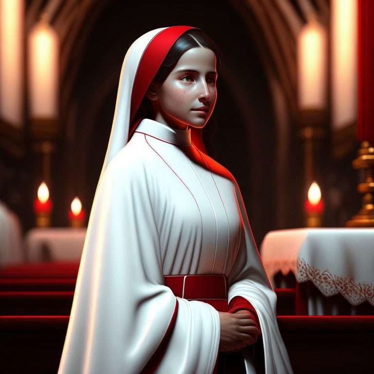 Woman in white and red habit standing in church with candlelit ambiance.