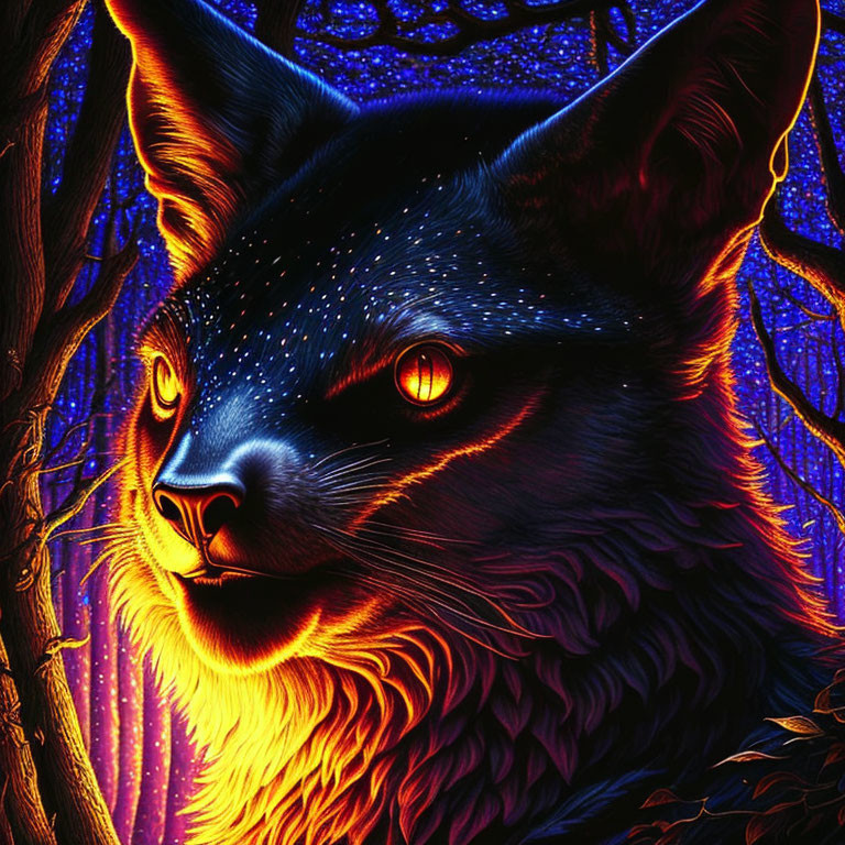 Vibrant digital artwork of cosmic fox with starry fur and glowing eyes