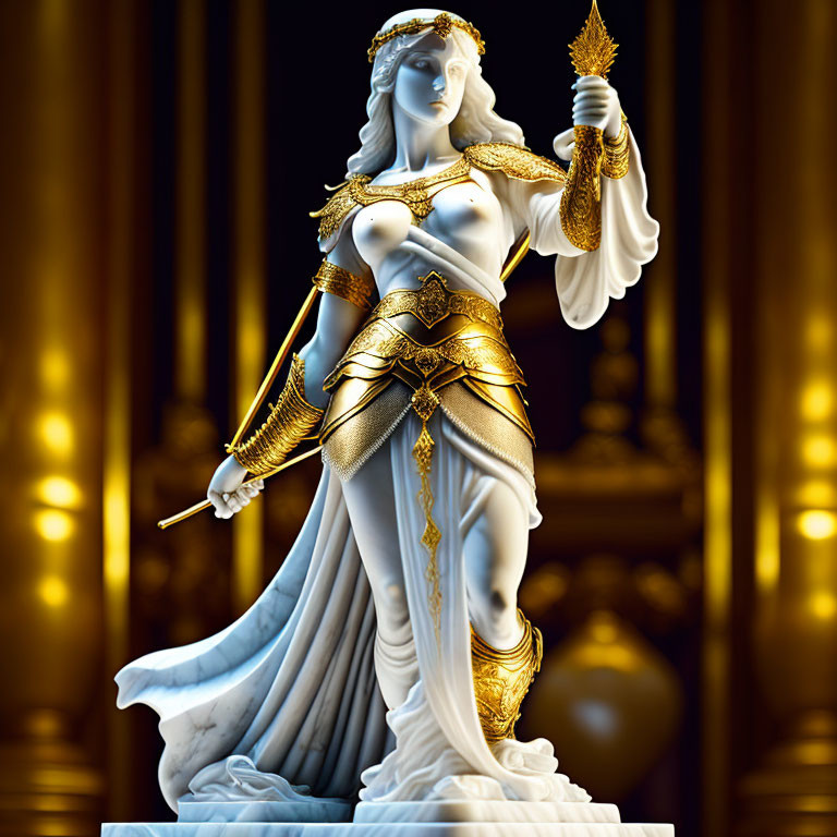 Female warrior statue in golden armor with spear and sword by marble pillars