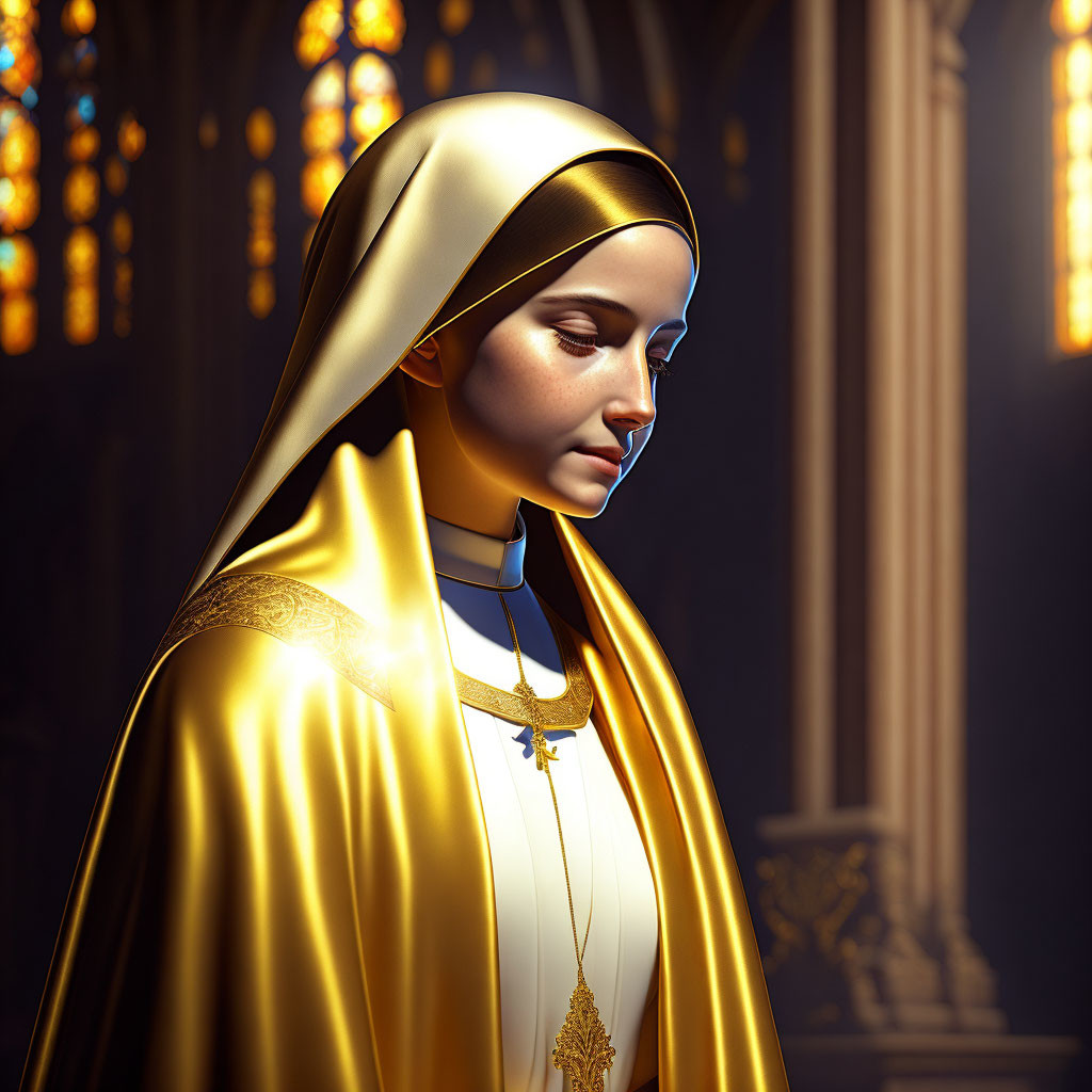 Woman in nun's habit and golden mantle in church with colorful stained glass windows.