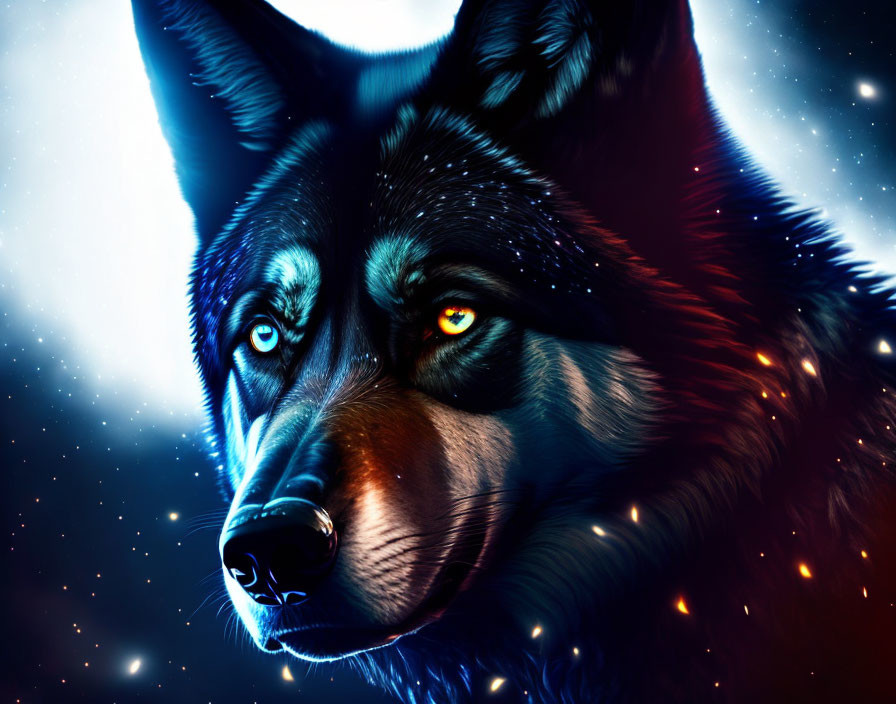 Digital illustration of wolf's face with luminous eyes in cosmic backdrop.