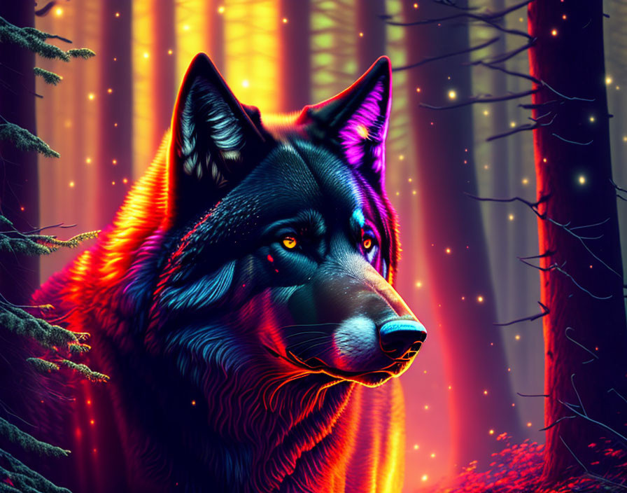 Vibrant neon wolf in enchanted forest with light beams