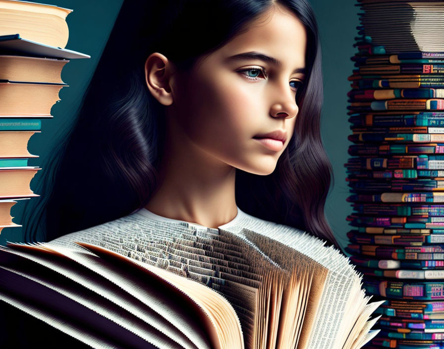 Dark-Haired Girl Blends with Open Book Amid Colorful Book Piles