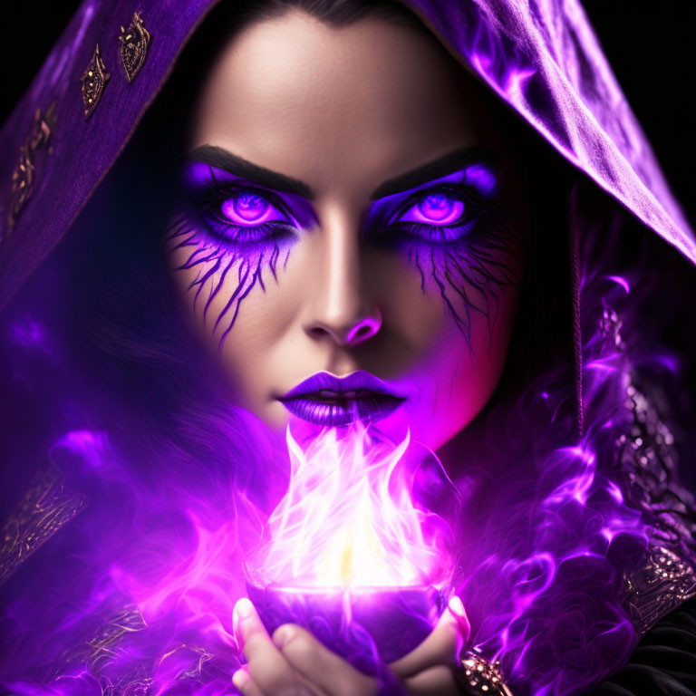 Mystical woman with purple eyes conjures glowing flame in hands