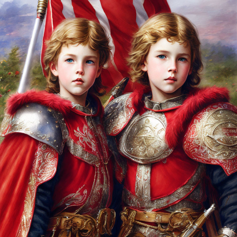 Medieval knight armor children with flag in classical painting style