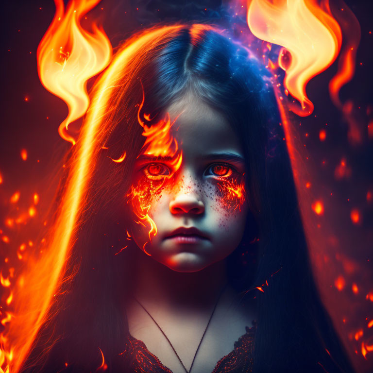 Girl with Intense Red Eyes in Vivid Flames