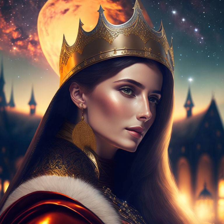 Regal woman in golden crown and royal attire against fantasy backdrop