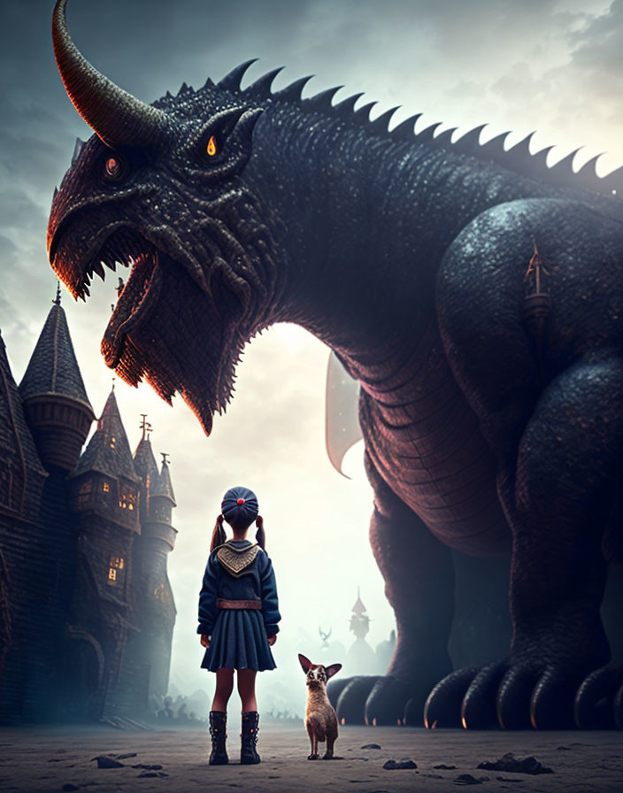 Young girl, small dog, towering dragon, dramatic sky, imposing castle