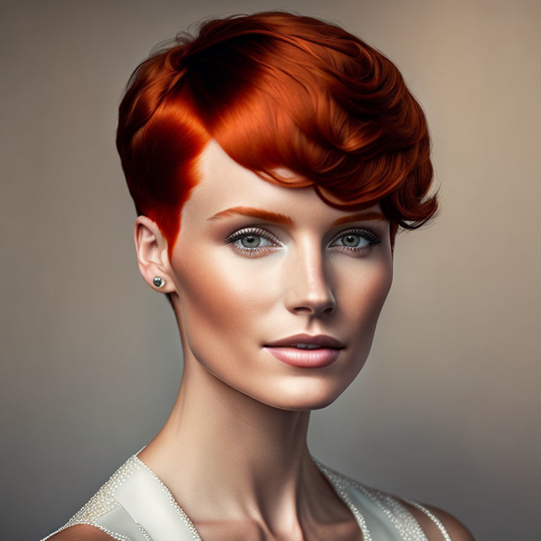 Red-haired woman with pixie cut in white outfit and stud earrings