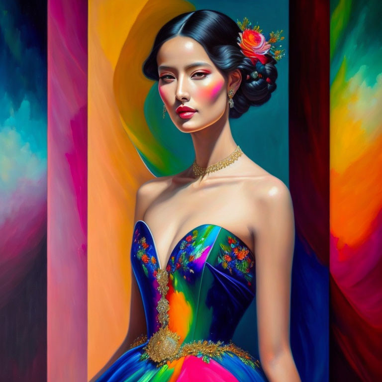 Colorful Portrait of Woman in Elegant Makeup and Gown with Floral Hairpiece