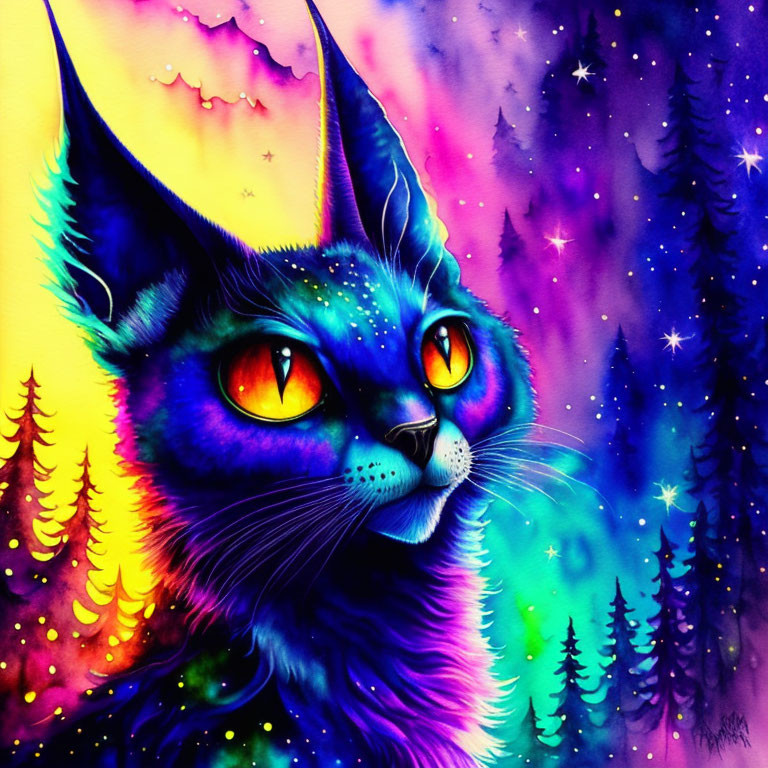 Colorful Mythical Cat Illustration in Neon Night Sky