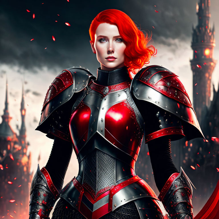 Red-Haired Warrior in Elaborate Armor with Dark Castle Background