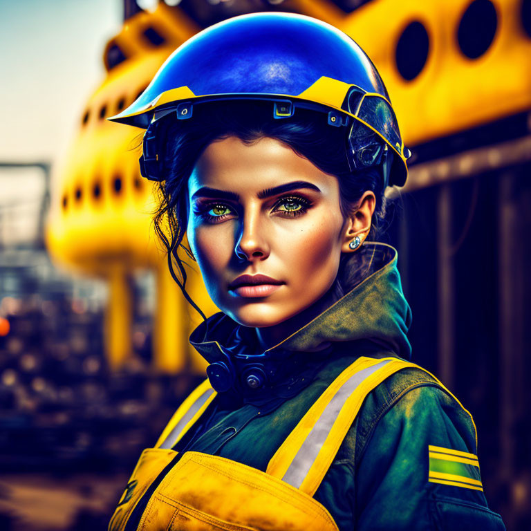 Woman in Yellow and Blue Hard Hat with Striking Makeup in Industrial Setting