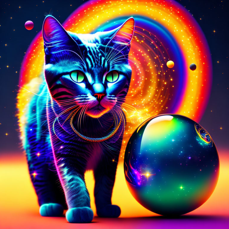 Colorful Cosmic Cat Artwork with Swirling Galaxy Background