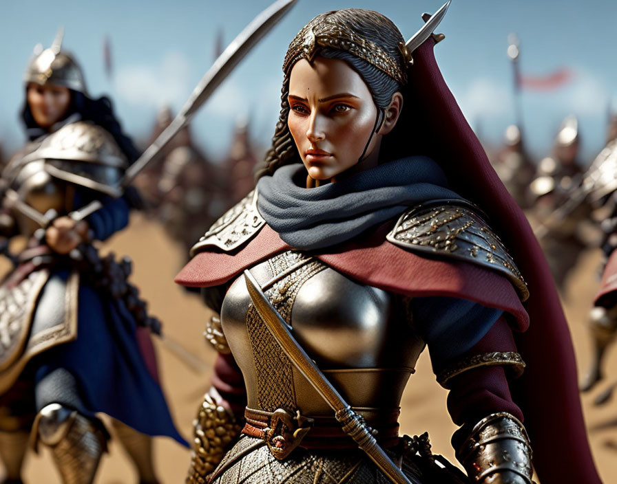 Detailed 3D rendering of warrior woman in ornate armor ready for battle