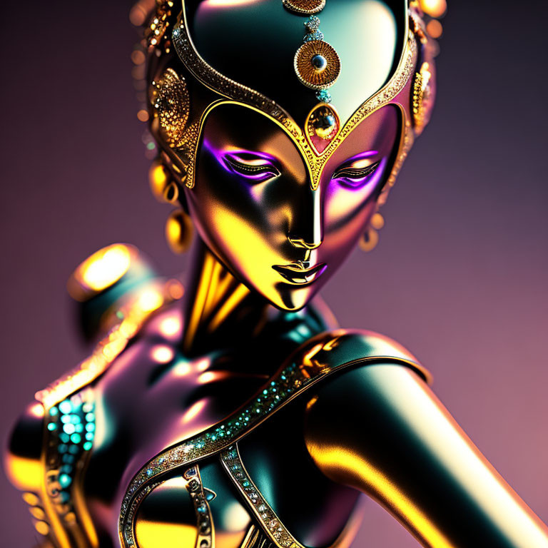 Stylized 3D illustration of figure with metallic skin and gold jewelry