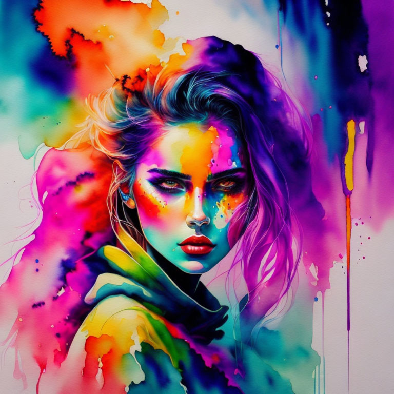 Colorful Watercolor Painting of Woman with Intense Gaze