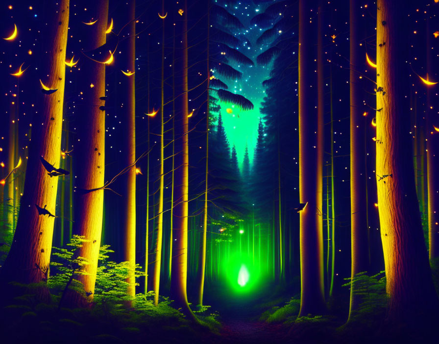 Enchanting night forest: tall trees, green light, glowing fireflies