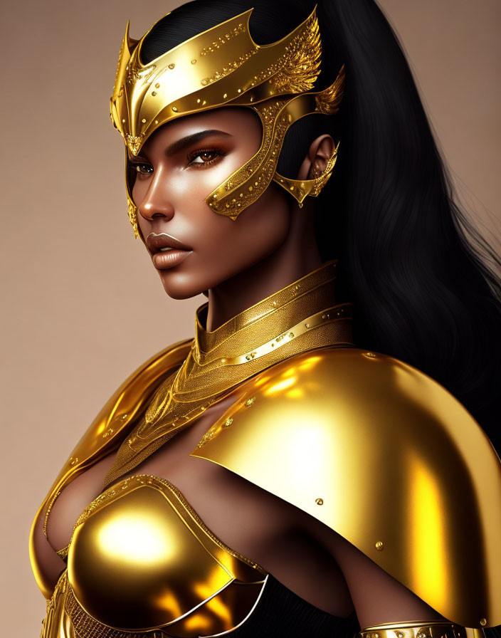 Digital artwork: Woman in ornate golden armor with helmet, strong gaze and detailed facial features on tan