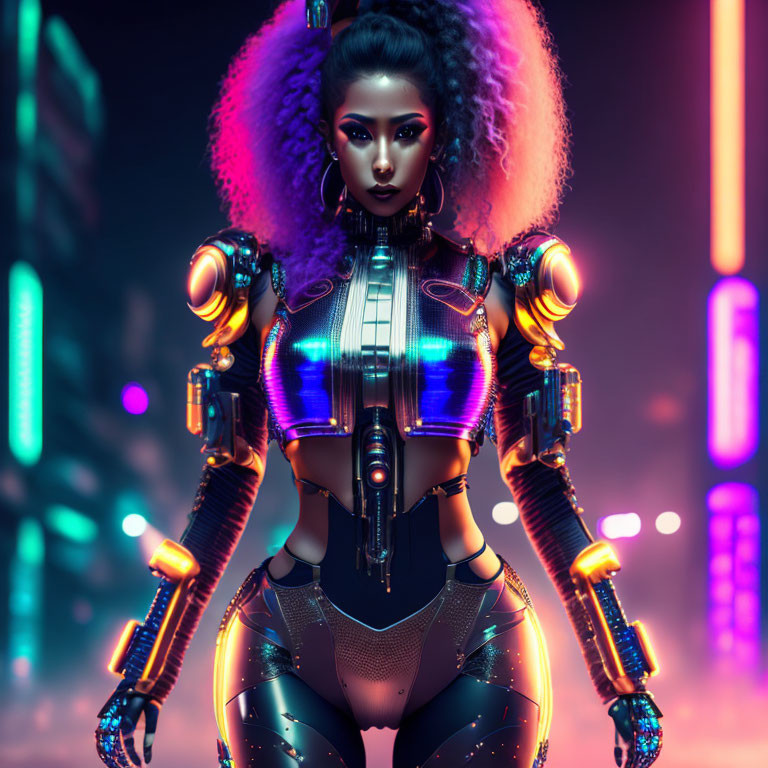 Female robot with neon accents, detailed armor, purple hair, in urban setting