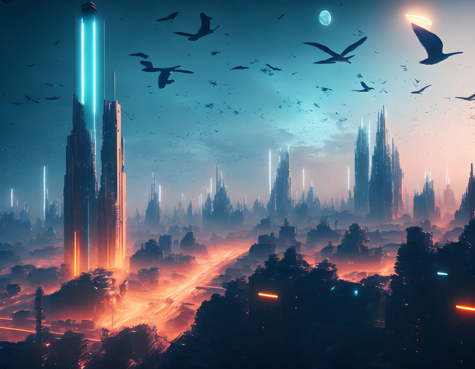 Futuristic cityscape at dusk with skyscrapers, birds, and illuminated roadways