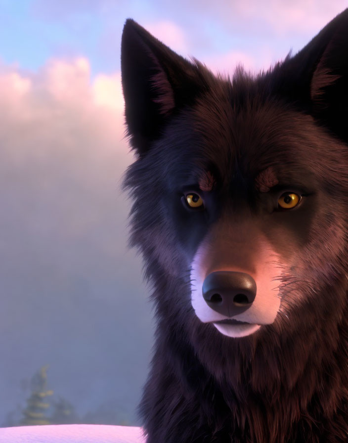 Black 3D Animated Wolf with Yellow Eyes in Twilight Forest