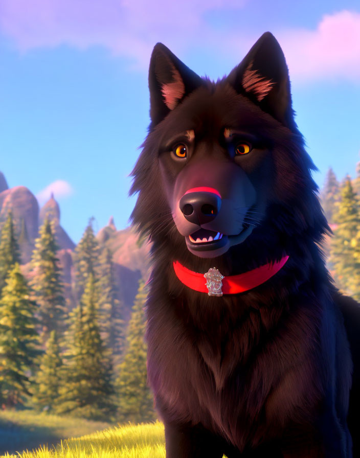 Anthropomorphic Black Wolf with Red Collar in Sunlit Forest Clearing