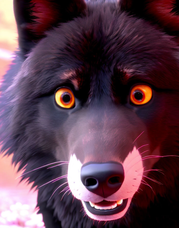 Detailed 3D-animated black wolf with orange eyes on pinkish-purple backdrop