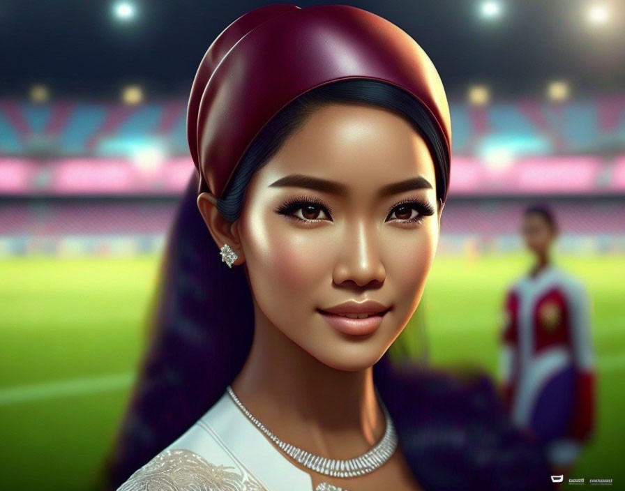 Asian woman in red headscarf and white outfit in stadium setting with blurred figure.