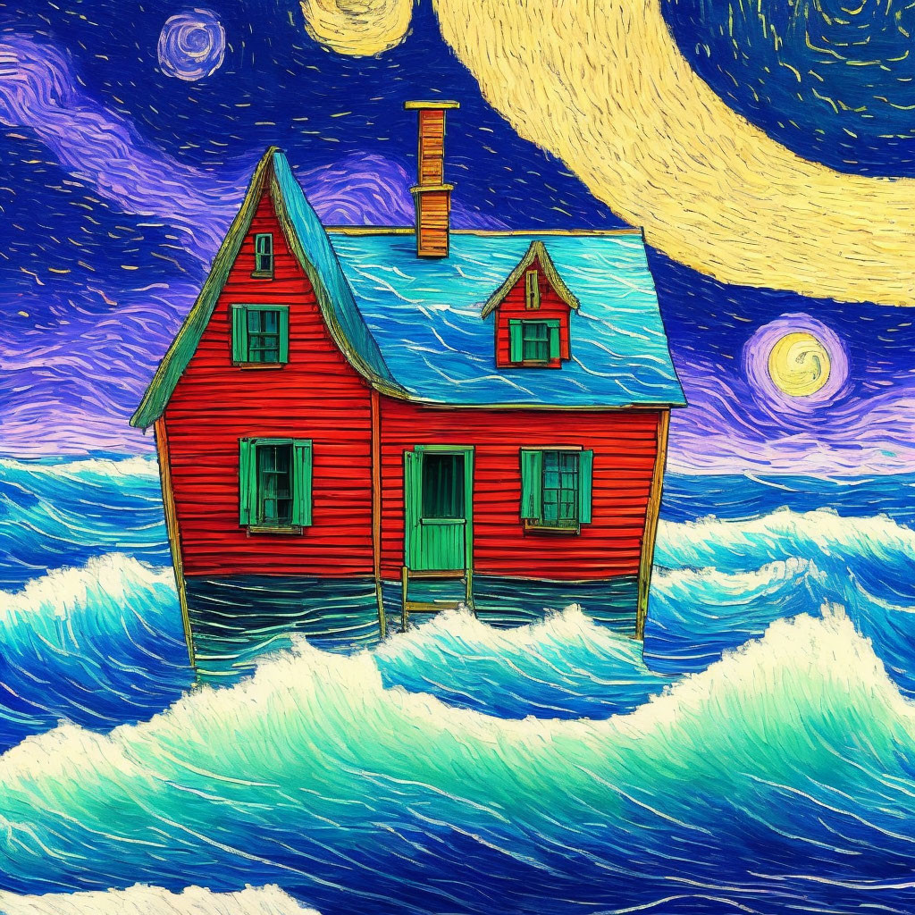 Vibrant red house painting on blue waves under starry sky