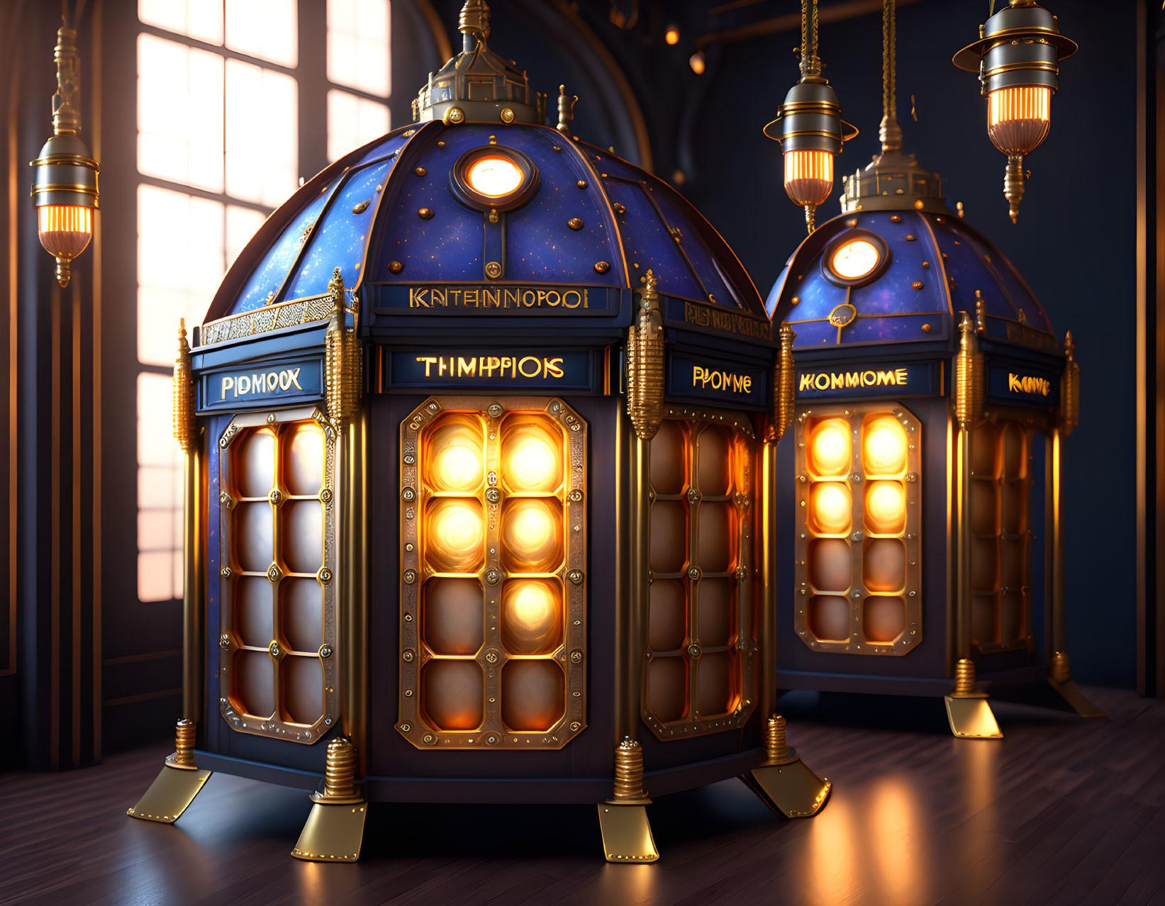 Steampunk-style cylindrical booths with glowing panels and gold details in dimly-lit room