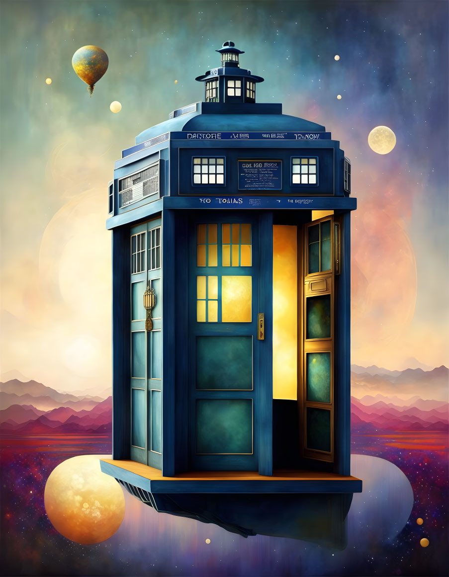 Whimsical illustration of blue TARDIS in surreal space scene