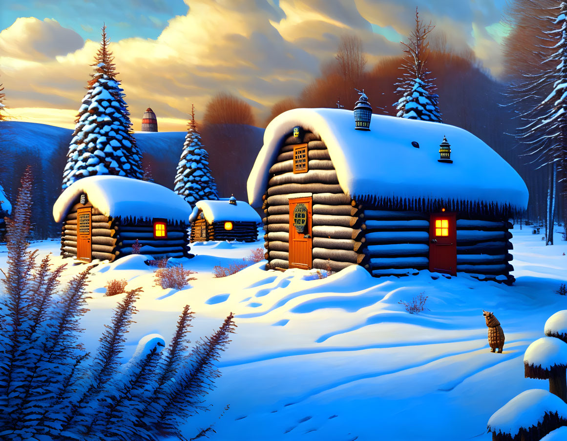 Snow-covered log cabin in tranquil winter landscape at dusk with warm glowing windows and cat outside