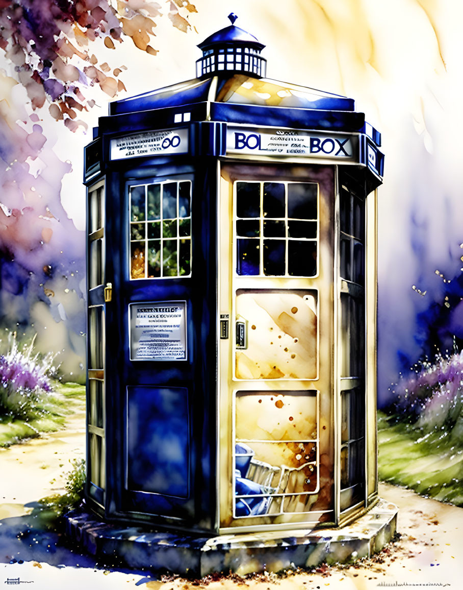 Vibrant Doctor Who police call box illustration on whimsical background