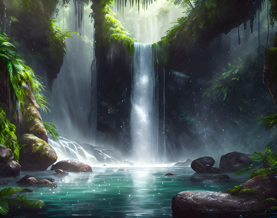 Tranquil waterfall scene with lush greenery and sunlight