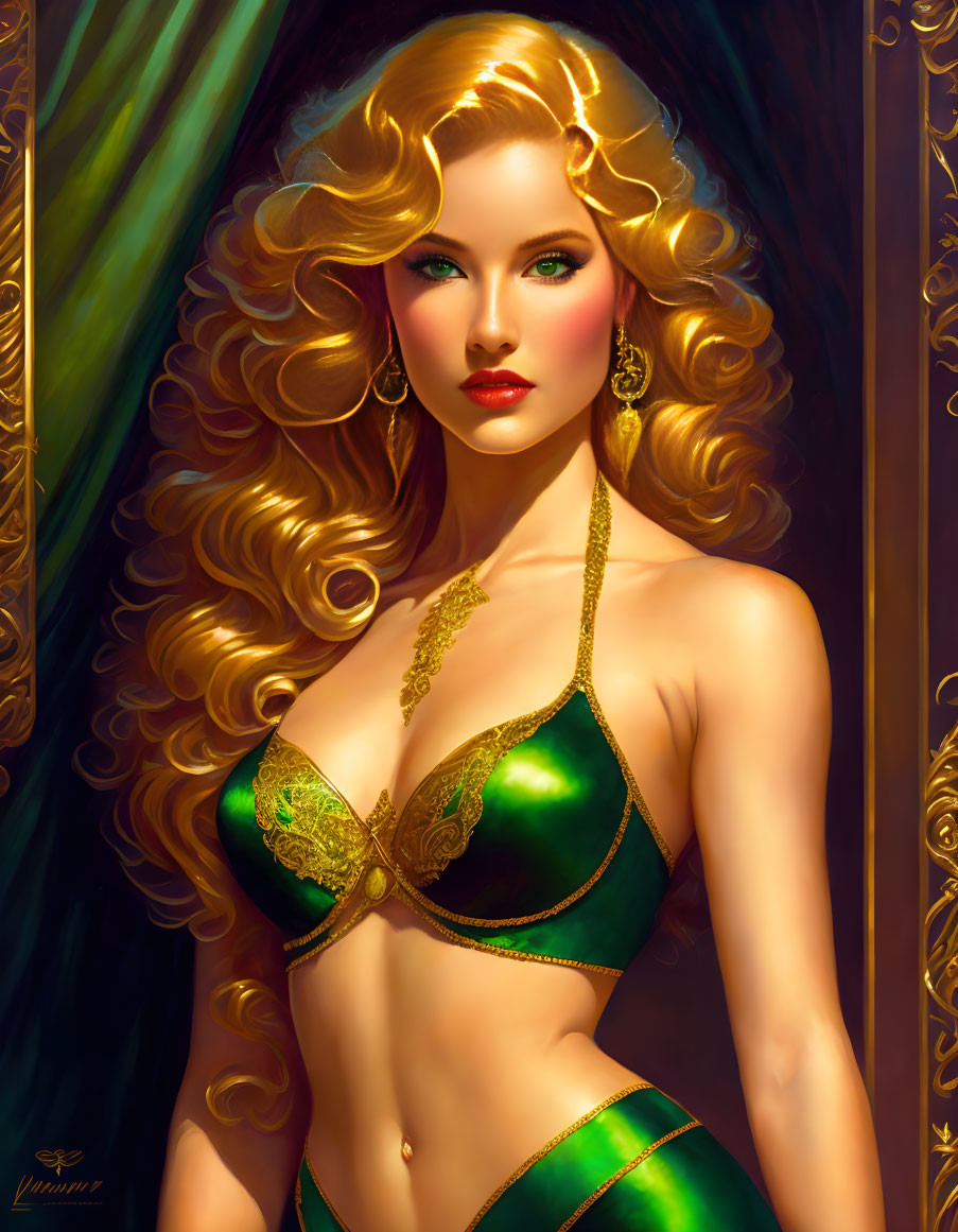 Illustration of woman with voluminous blonde hair in green and gold attire against ornate backdrop