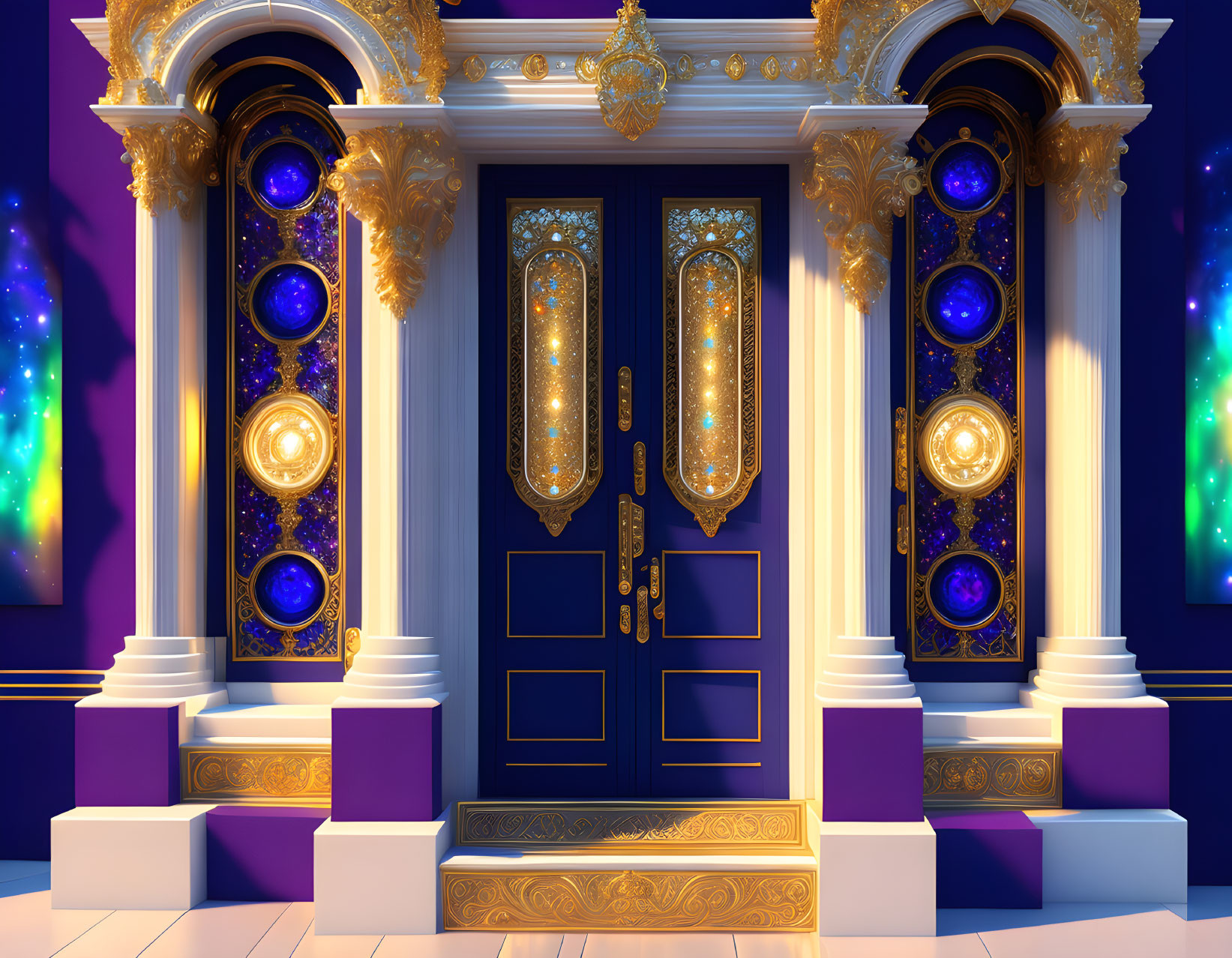 Opulent Blue Double Doors with Golden-Trimmed Columns and Galaxy-Patterned Windows